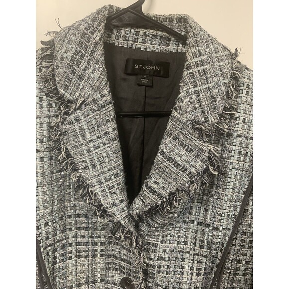 St John Boucle Tweed Blazer Grey/Blue Multicolor Fringe with Satin Trim‎ Size 4 - Picture 3 of 13